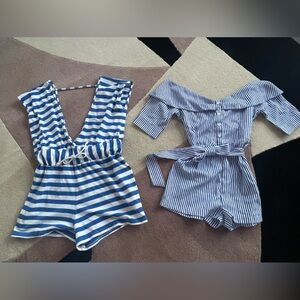 2 Blue White Striped Nautical Rompers Deep V Open Back off shoulders Venus